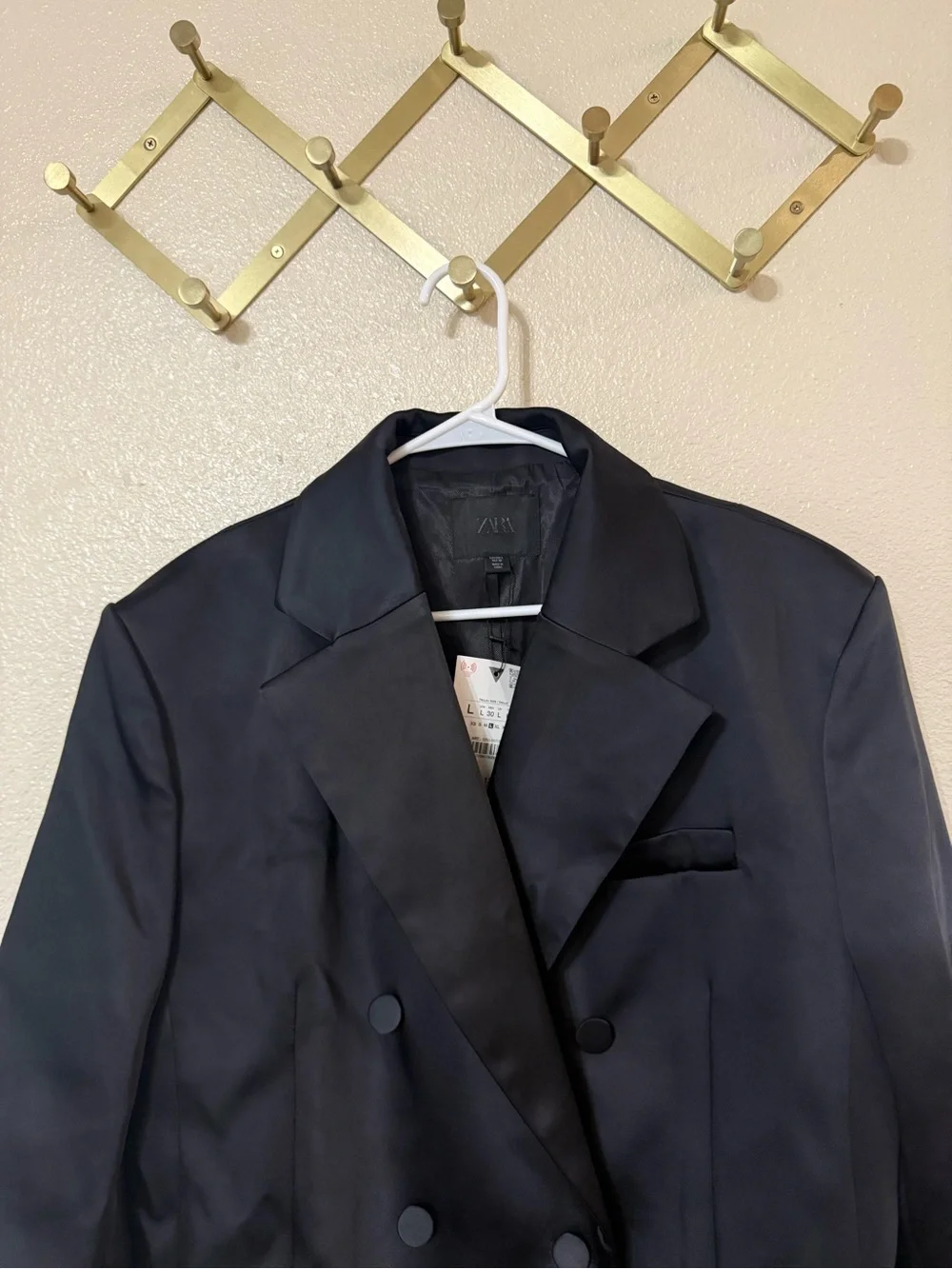 Zara Oversized Black Satin Structured Double Breasted Long Blazer Jacket NEW